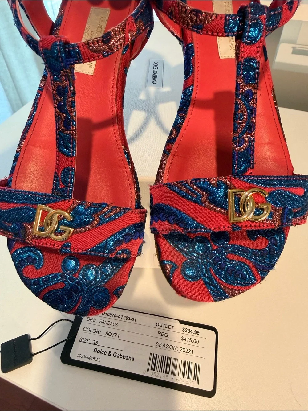 Dolce & Gabbana Red and Blue Embroidered T-Strap Sandals with Gold DG Accent